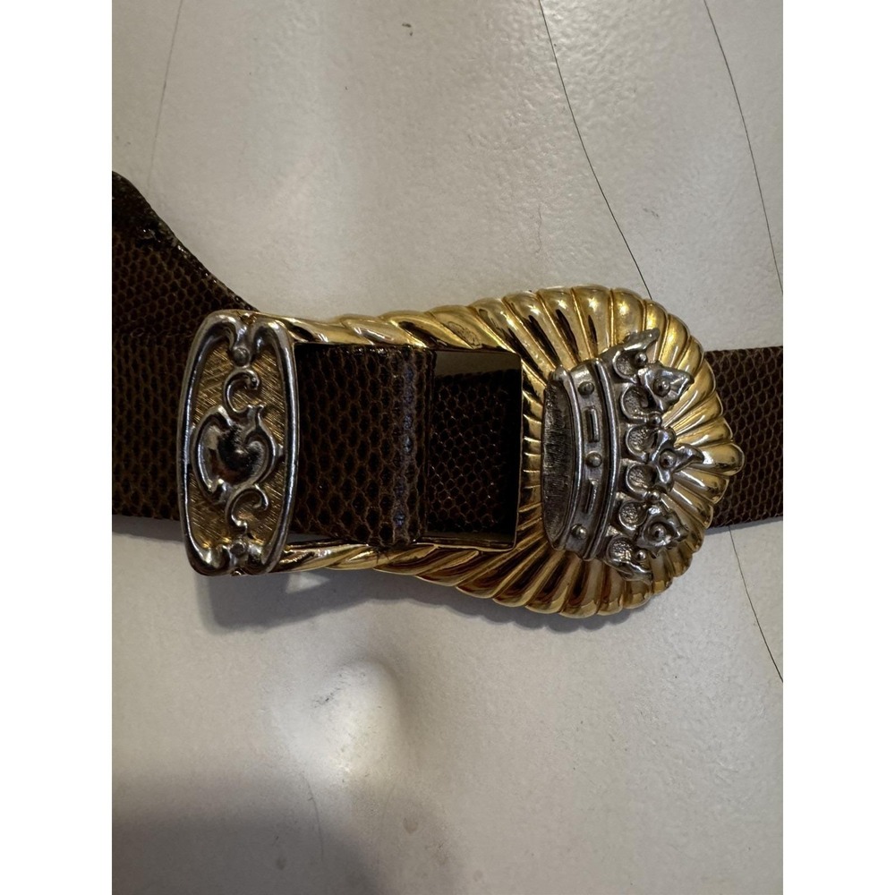 JUDITH LEIBER Taupe Gold SNAKESKIN Leather Adjustable BELT Crown BUCKLE Signed M - Picture 5 of 11